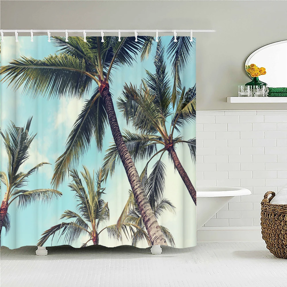 Beach Sea Palm Trees Shower Curtains Scenery Waterproof 3d Bathroom Curtains With Hooks Home Decoration Washable Bath Screen