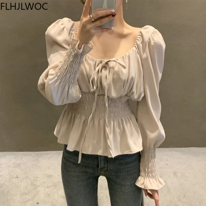 Chic Korea Off Shoulder topy Blusas kobiety 2021 wiosna Solid Color muszka wąska talia linia Belly Peplum krótkie bluzki bluzki