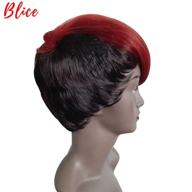 Blice For Women Synthetic Short Straight 8 Inch Wig Mix Color FT1B/530# Right-Side Bang African American Wine Red Wigs