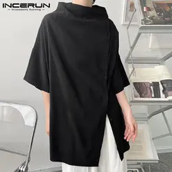 INCERUN-Camisa informal de cuello alto para hombre, Camisa Masculina de media manga con botones, de Color sólido, a la moda, con personalidad, 2023