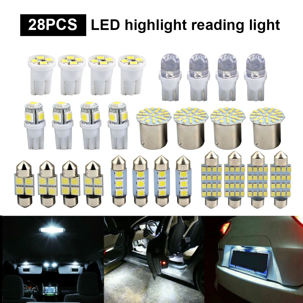 28Pcs 6000K 10W Auto Car Interior LED Light Dome License Plate Mixed Lamp Interior Dome Light Trunk Lamp Parking Bulbs Set