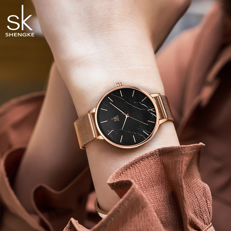 Shengke New Women Watch Black Stainless Steel Band Watch Marble Surface Reloj Mujer Japanese Quartz Brand Watch for Girl