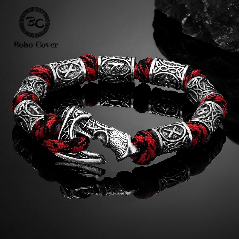 Pulseras envolventes de hachas de vikingos nórdicos para hombre, martillo Mjolnir, pulsera de cuerda de supervivencia Paracord para acampar, amuleto hecho a mano, regalos de joyería masculina