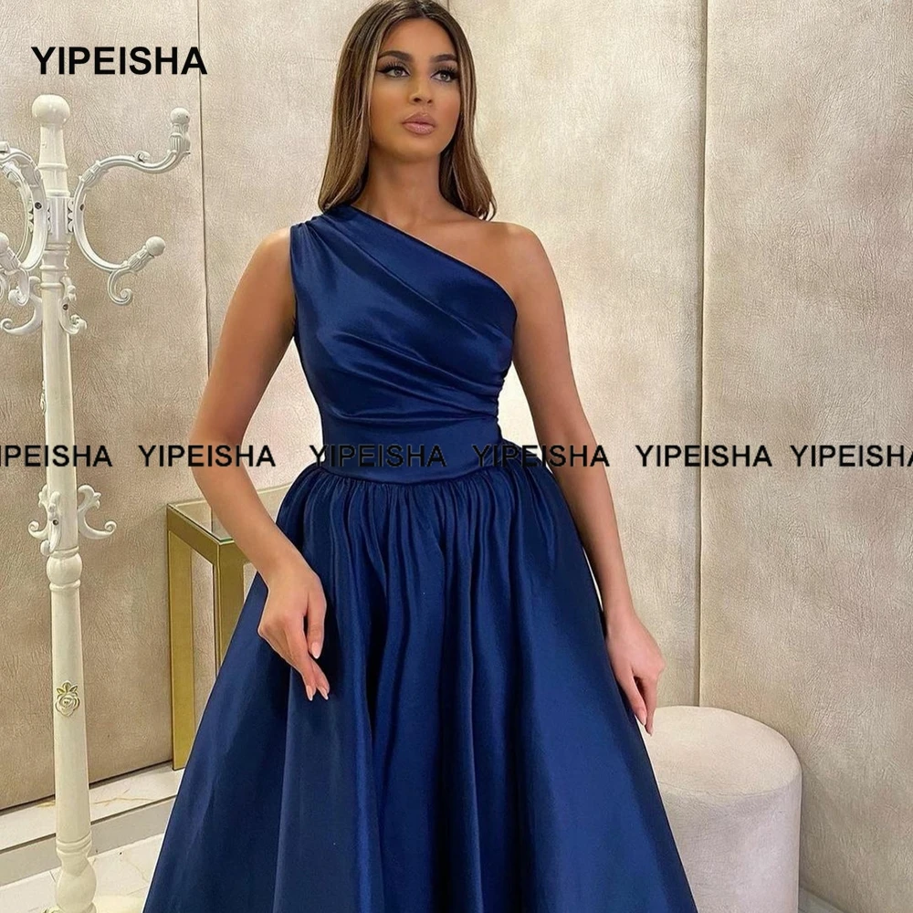 Yipeisha-vestido de fiesta de boda de satén, traje de un hombro, azul real, longitud de té, línea A, Burdeos, talla grande, Homecoming