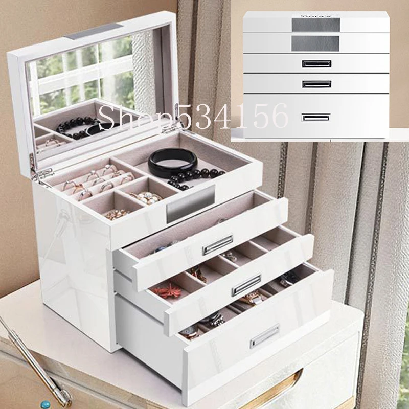 

White+black Large 4 layer Wooden Jewellery Box Girls Display Organiser Velvet Earrings Watch Storage Box Packaging Mirror Case