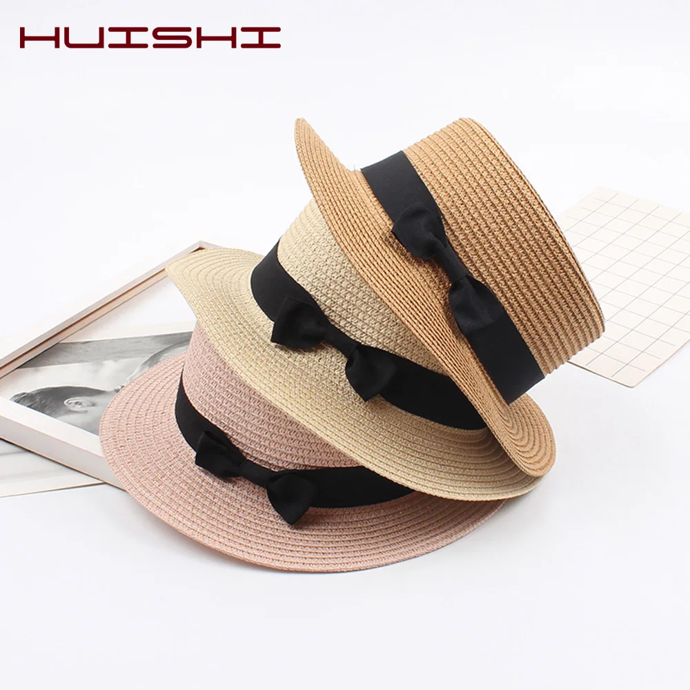 HUISHI Hat Straw Colorful Bowtie Parent-child Beach Cap Ladies Fashion Flat Brim Summer Straw Panama Cap Women Girls Sun Hat