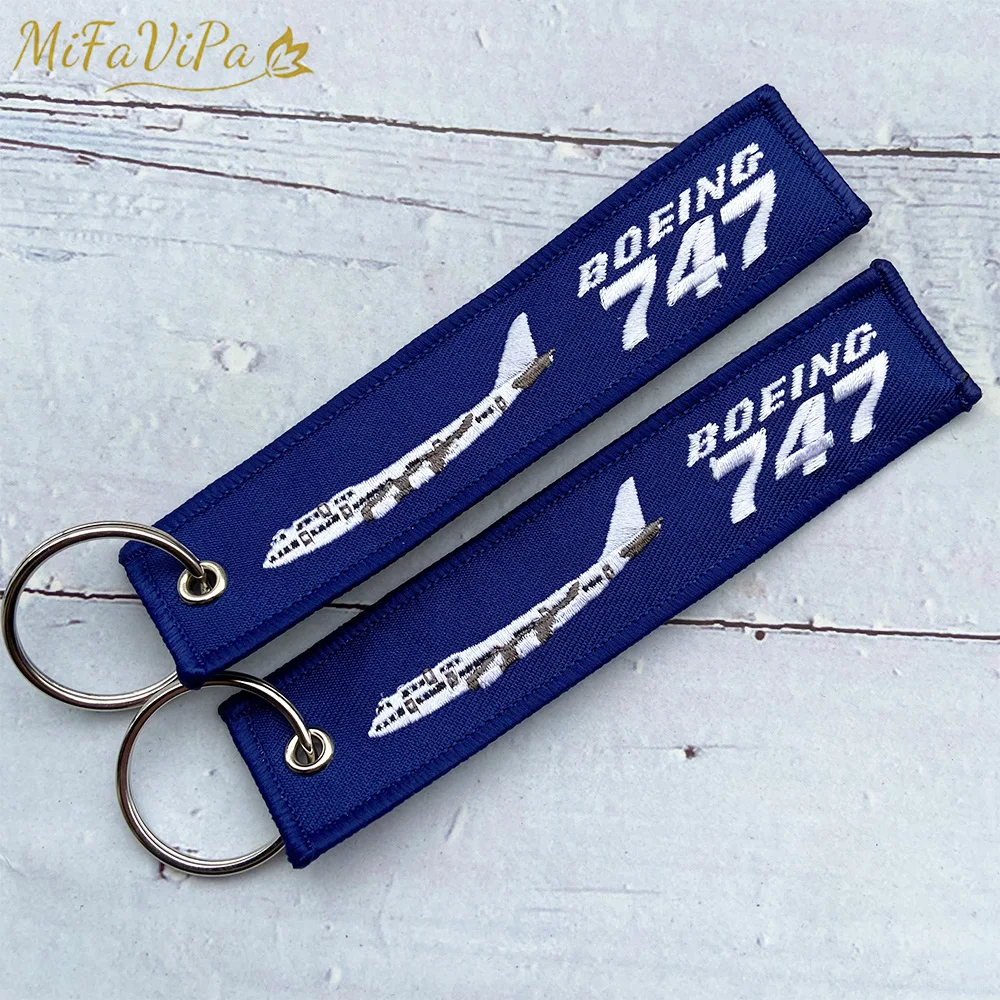 3 PCS Fashion Trinket Boeing 747 Keychain Phone Strap Blue Embroidery Aviation Key Chains for Men Flight Crew Gift Key Rings