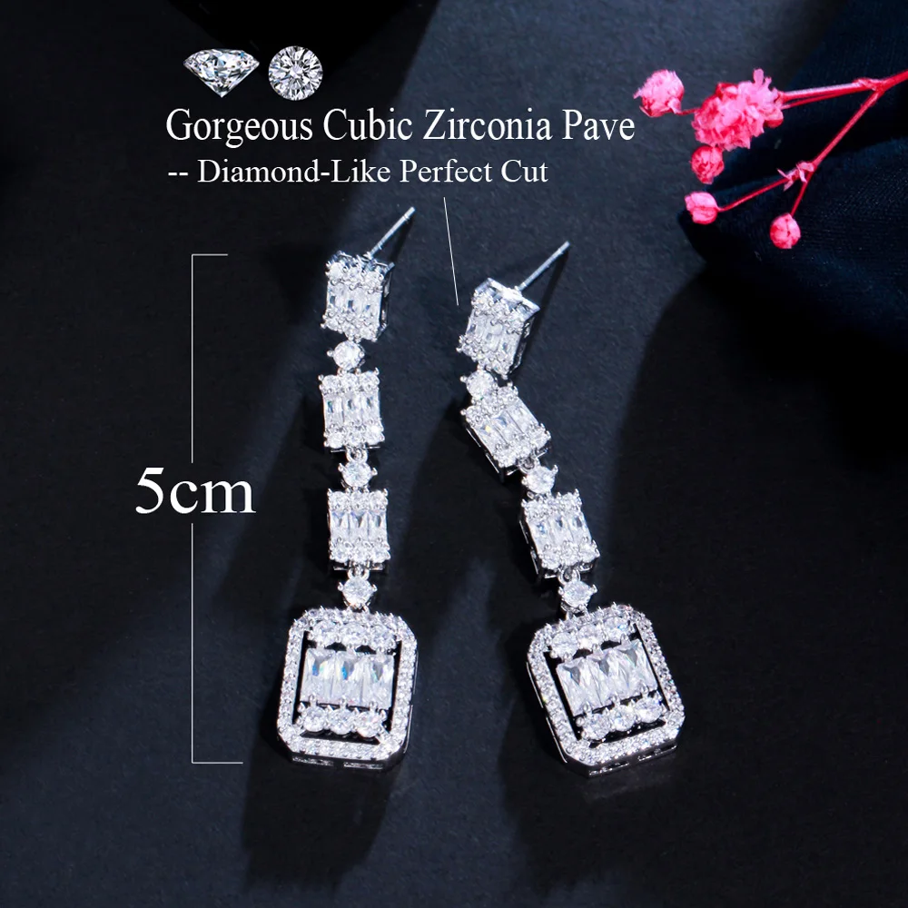 Pera Classic White Square Shape Cubic Zirconia Silver Color Long Dangle Drop Earrings Prom Party Dress Jewelry for Female E851 image 6