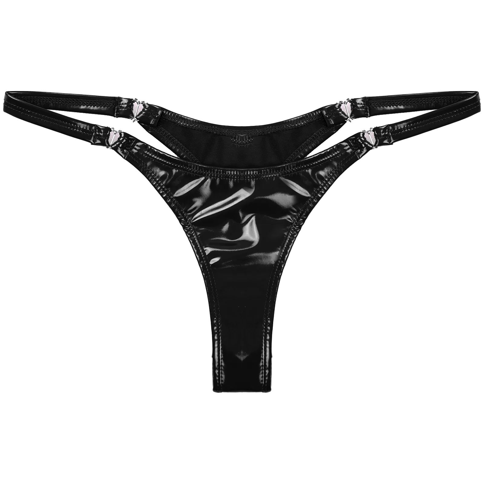 Mutandine perizoma Wetlook da donna intimo esotico Sexy Bikini vita bassa nero a forma di cuore fibbia slip perizoma in pelle verniciata