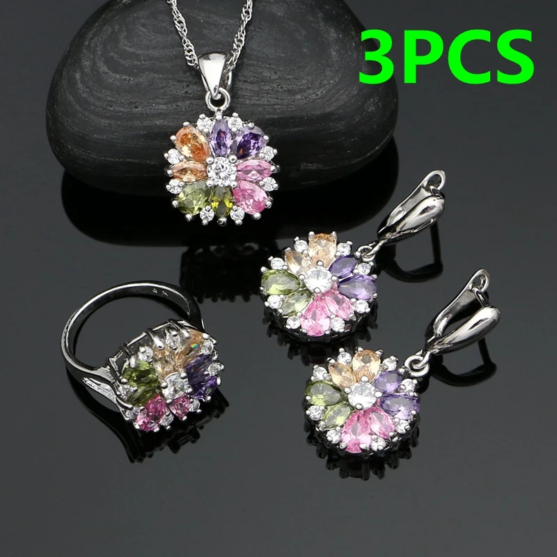 Bride 925 Silver Jewelry Sets For Women Flower With Multicolor Cubic Zirconia Necklace/Ring/Earrings/Bracelet/Pendant