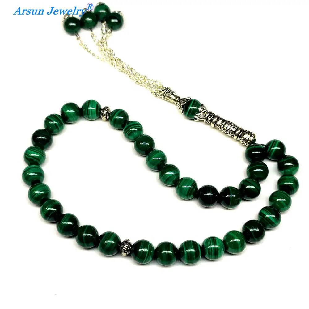 High Quality Pure Natural Malachite Stone 8mm Round bead 33 rosary beads Muslim Taisbyha rosary Free shipping