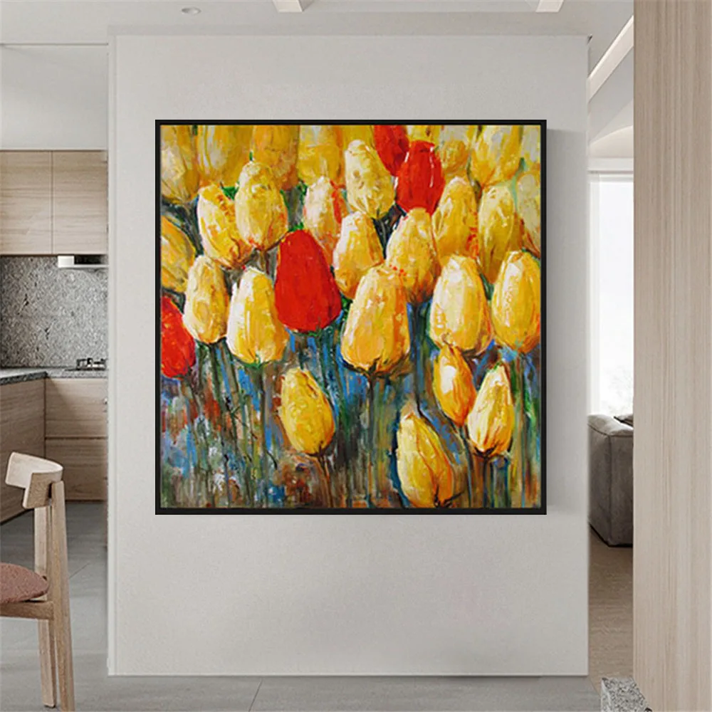 Hand Painted Beautiful Oil Paintings Flower Romantic Tulip Golden Canvas Paint Modern Home Decoration Painting Living Room Art