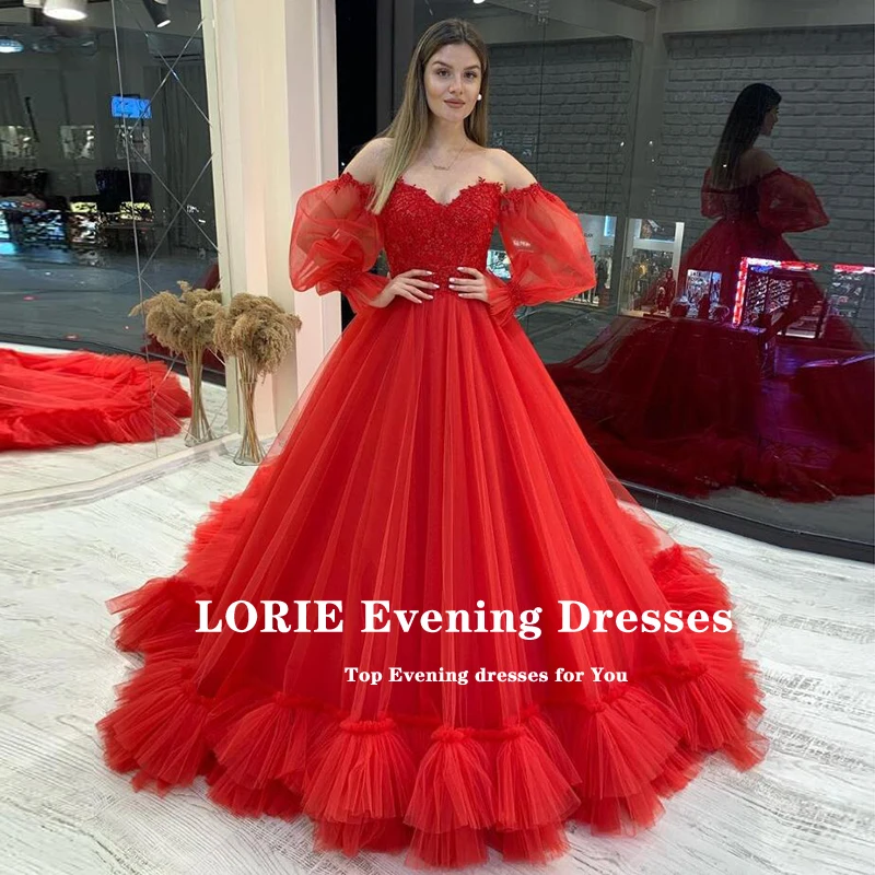 LORIE Vintage Bãi Biển Quần Sịp Đùi Thông Hơi 2022 Đỏ Người Yêu Appliques Tay Phồng Chữ A Tiếng Ả Rập Dạ HộI Voan Dài Đầm Dự Tiệc