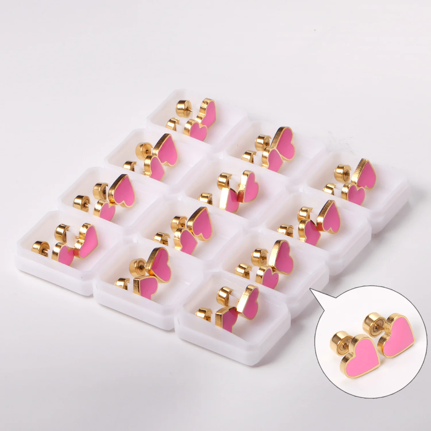 

12 Pairs 316L Stainless Steel Pink Heart Stud Earrings Lovely Ear Stud Gold/Silver Color Jewelry for Women Girl Party Gift
