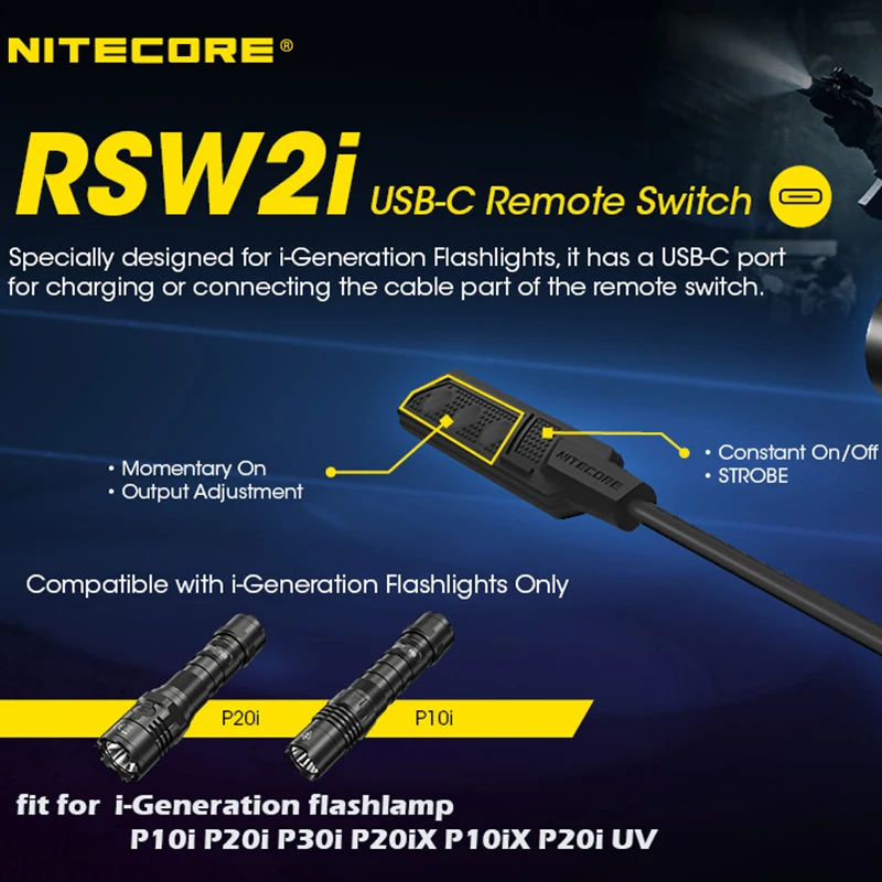 NITECORE RSW2i Flashlight Tactical Remote Switch USB-C for i-Generation flashlamp P23i SRT6i P10i P20i P30i P20iX P10iX P35i