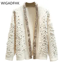 WIGADFHK New Pearl Embroidered Sweater Women's Twist Cardigan Knitted Lazy Fashion Jacket 2021 Fall Chic Top