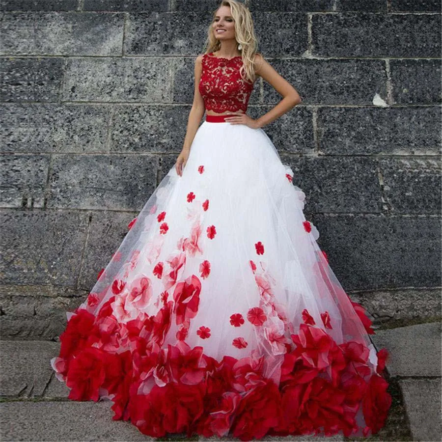 

2025 Romantic 3D Flower Bohemia White and Red Lace Tank Wedding Dresses Beach Two Pieces Beach BrideGowns vestidos de noiva