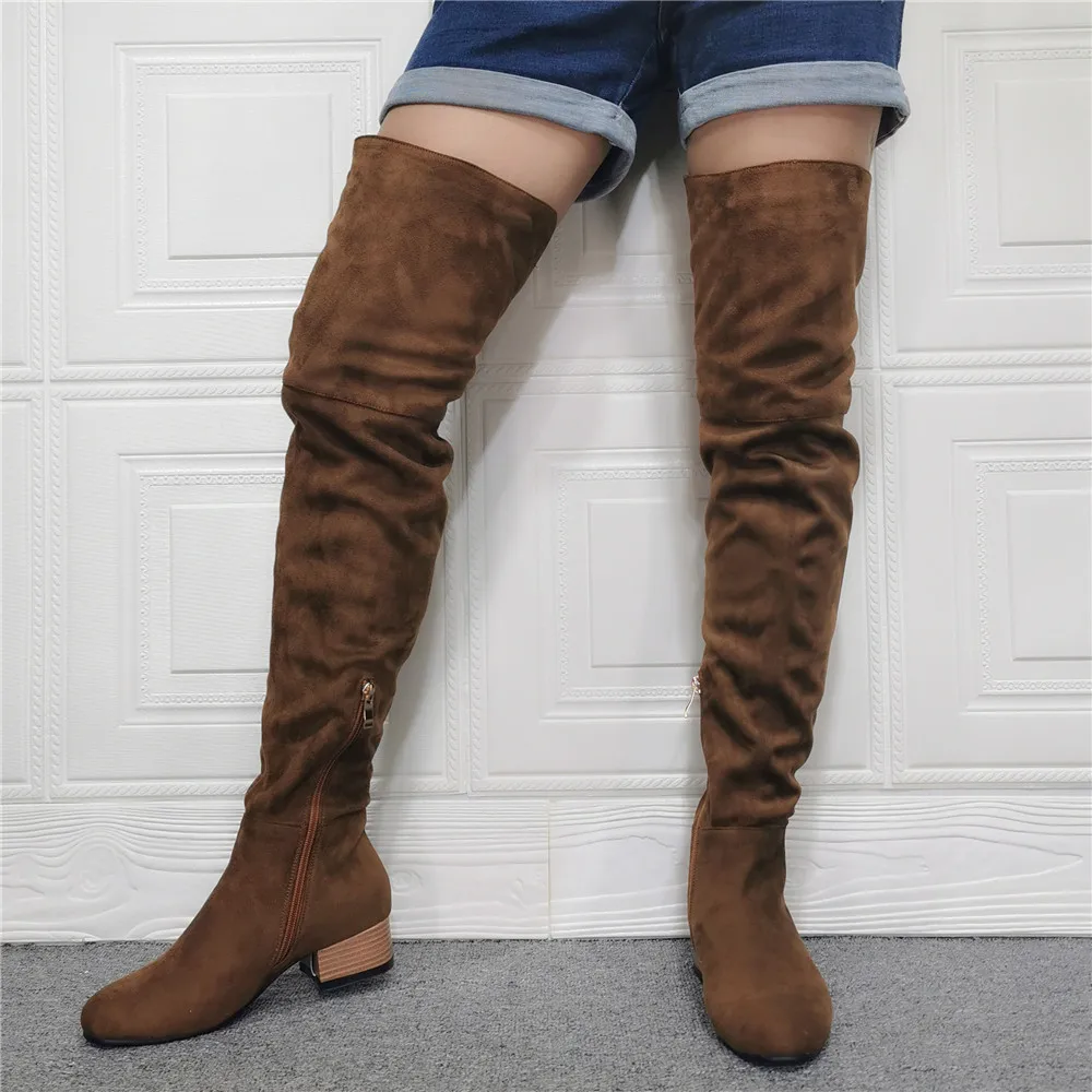 Fashion Leather Women's Shoes Winter Chunky Heels Zipper Sexy Elegant Ladies brown Flock Over the knee Boots 42 43 Real Photo