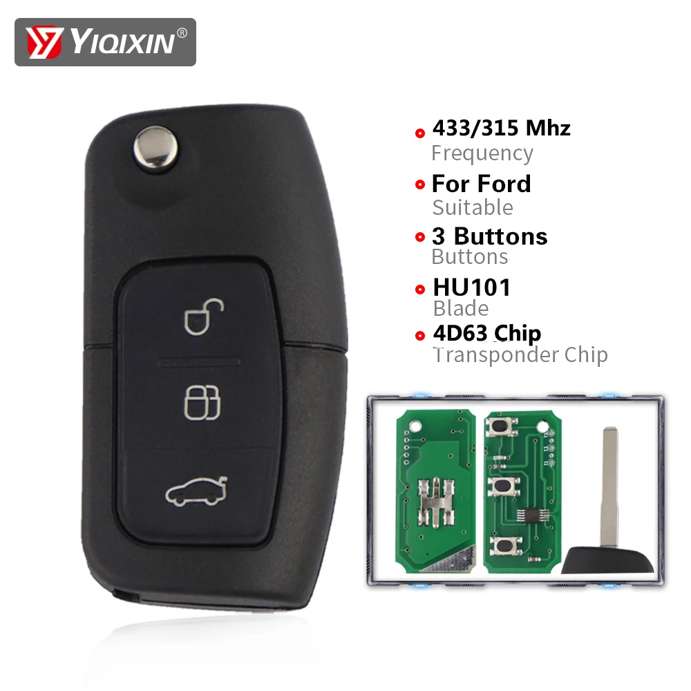 

YIQIXIN 3 Button 433Mhz 4D63 Chip Car Remote Key For Ford Focus Mondeo Galaxy Fiesta C Max S Max HU101 Blade Flip Folding Key