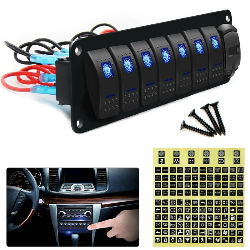 12V 8 Gang Car Auto Boat Marine LED Rocker Switch Panel Waterproof Circuit Breakers With Fuse