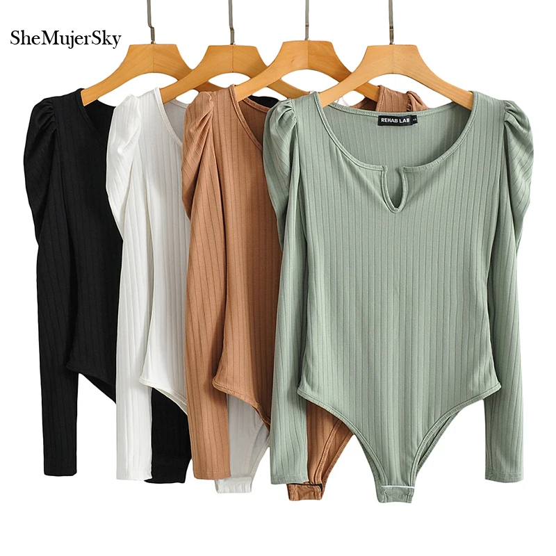 SheMujerSky Sexy Deep V-neck Bodysuit Women Puff Sleeve Knitted Elastic Slim Jumpsuit 2021 Long Sleeve Bodysuits