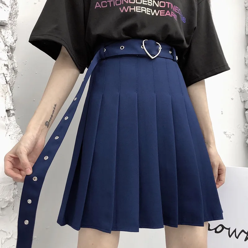 Womens Punk Mini Skirt Summer Gothic High Waist Heart Buckle Belt Pleated Skirt Harajuku Kawaii Fashion Schoolgirl Skirts 2022