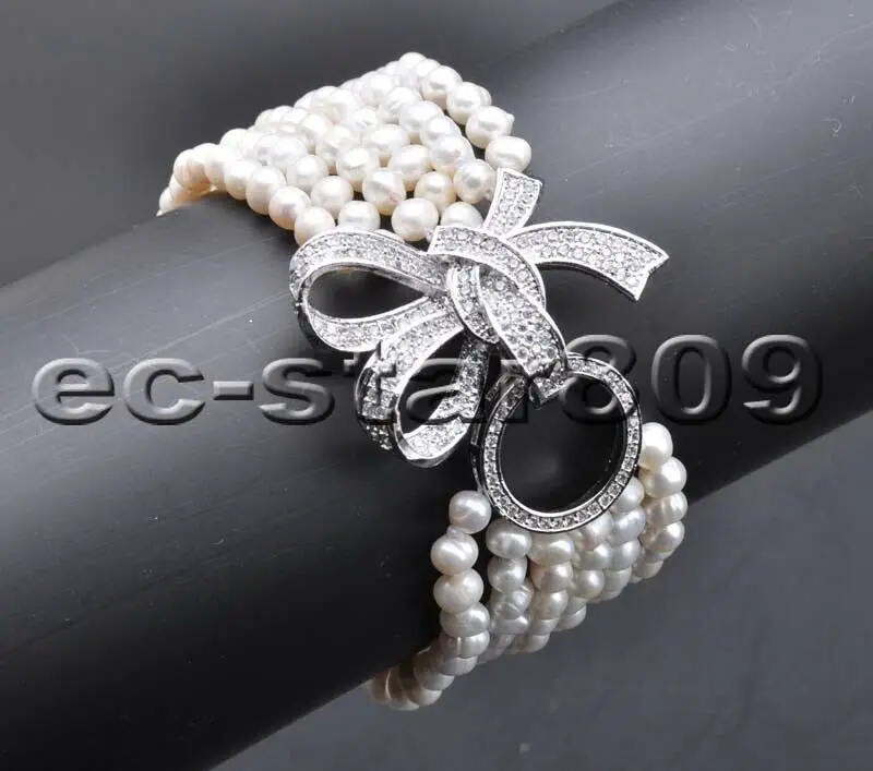 

6Row 8" 6mm White Round Pearl Bracelet Inlay Crystal Bowknot