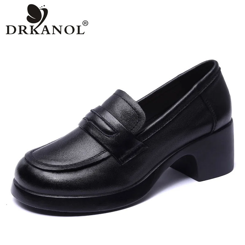 DRKANOL New Arrival kobiety pompy oryginalna skóra bydlęca płytkie gruby wysoki obcas Slip-on rekreacyjne buty damskie wszystkie mecze buty Retro