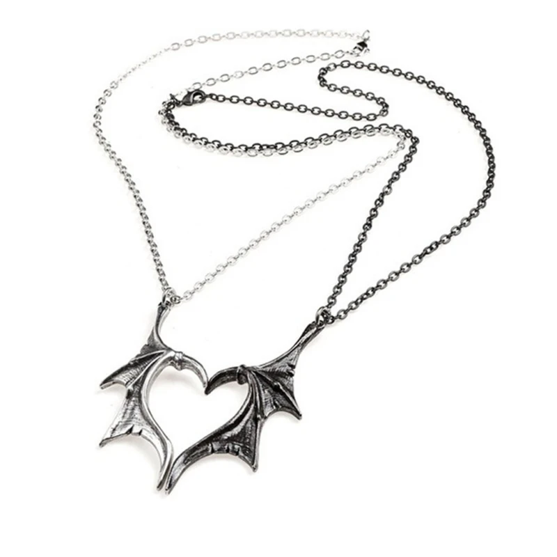 2Pcs Personality Punk Heart Wing Necklace Lovers Vinatge Bat Wing Heart Couples Pendant Necklace Set Fashion Jewerly,gifts,lover