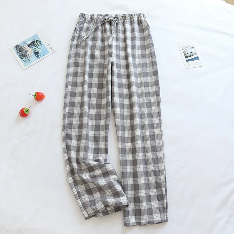 100% Cotton Comfortable Pajamas Pants For Women New Spring Autumn Couple\'s Sleepwear Loose Large Size Plaid Female Trousers