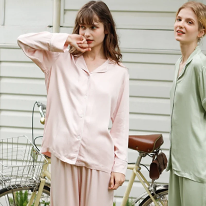 2021 Autumn Viscose Simple Style Pink Green Colors S-xl Sizes Homewear Long Sleeve Trousers Home Suit Komplety Damskie Pjs Women