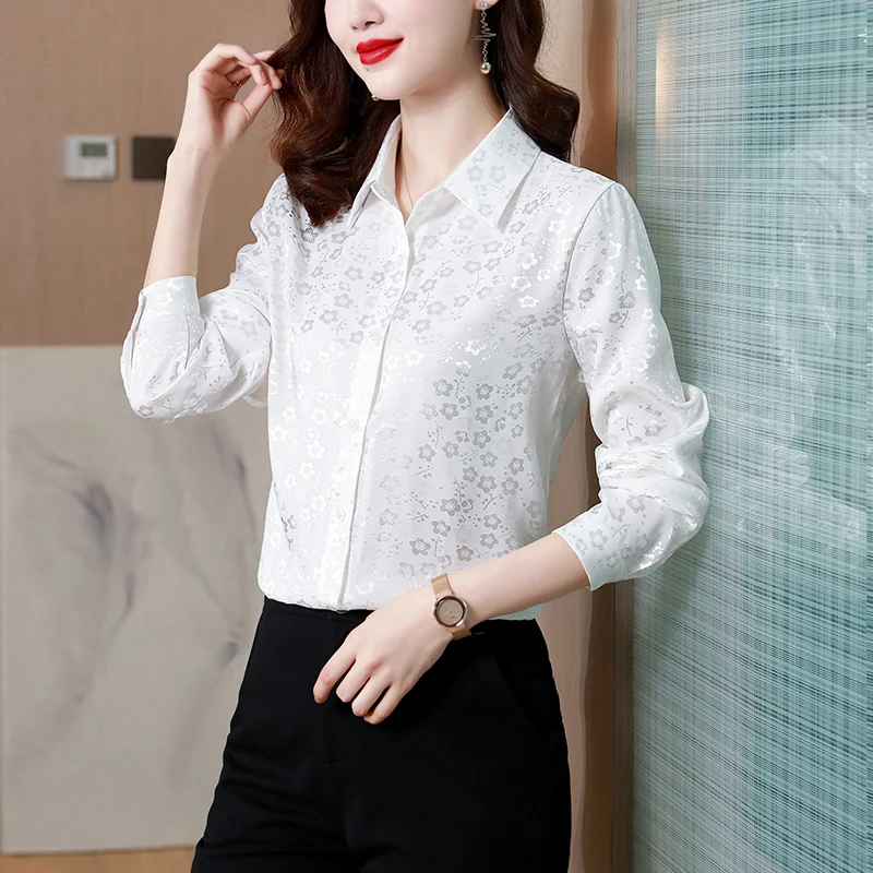 Elegant Office Ladies Flower Work Shirts Women Satin Silk Blouse Fashion Slim Spring Autumn Long Sleeve Silk Shirt Party Tops