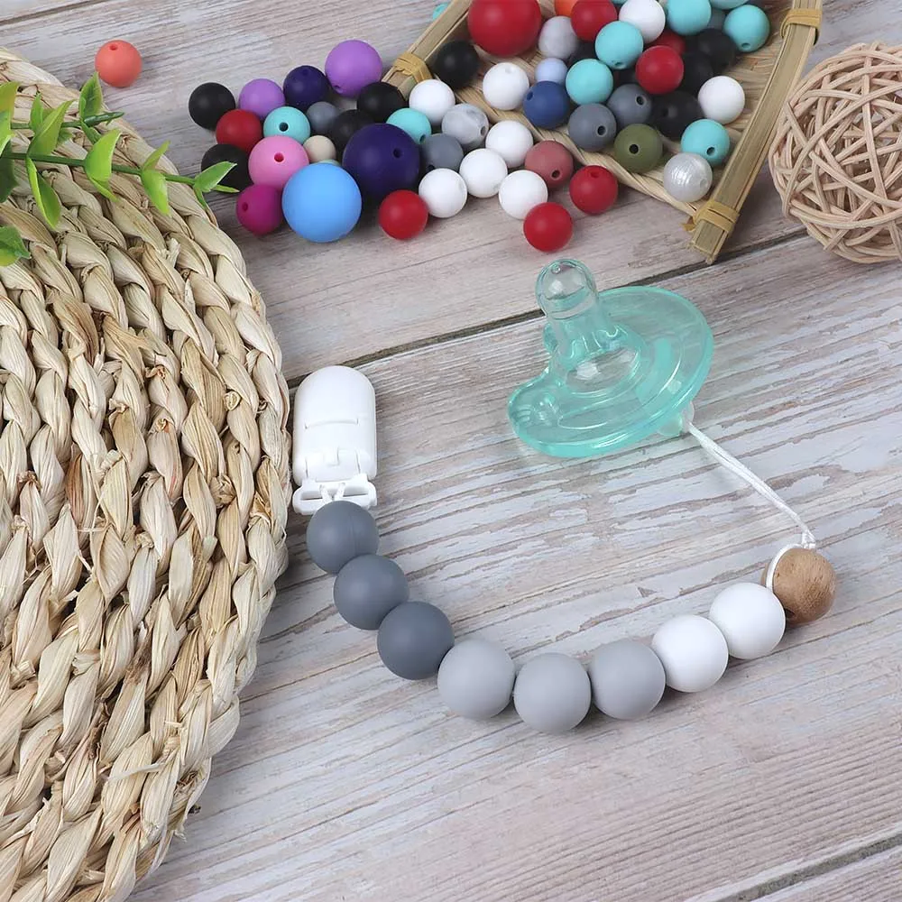 TYRY.HU Grey Silicone Teether Beads Set Chew Necklace Pendant Pacifier Clips AccessoriesTeether DIY Baby Teething Toys