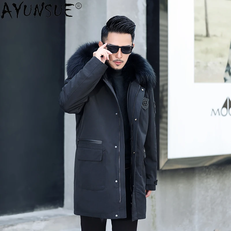 AYUNSUE Winter Warm Thick 100% Real Raccoon Fur Liner Parka 2021 Long Hooded Raccoon Fur Collar Male Jacket Abrigo Hombre Gxy897