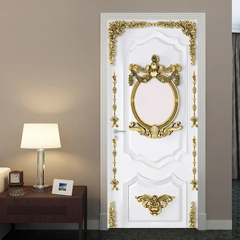 European Style Light Luxury Door Sticker 3D Golden Carved Mural Wallpaper PVC Self-Adhesive Waterproof Door Poster Sticker Decal