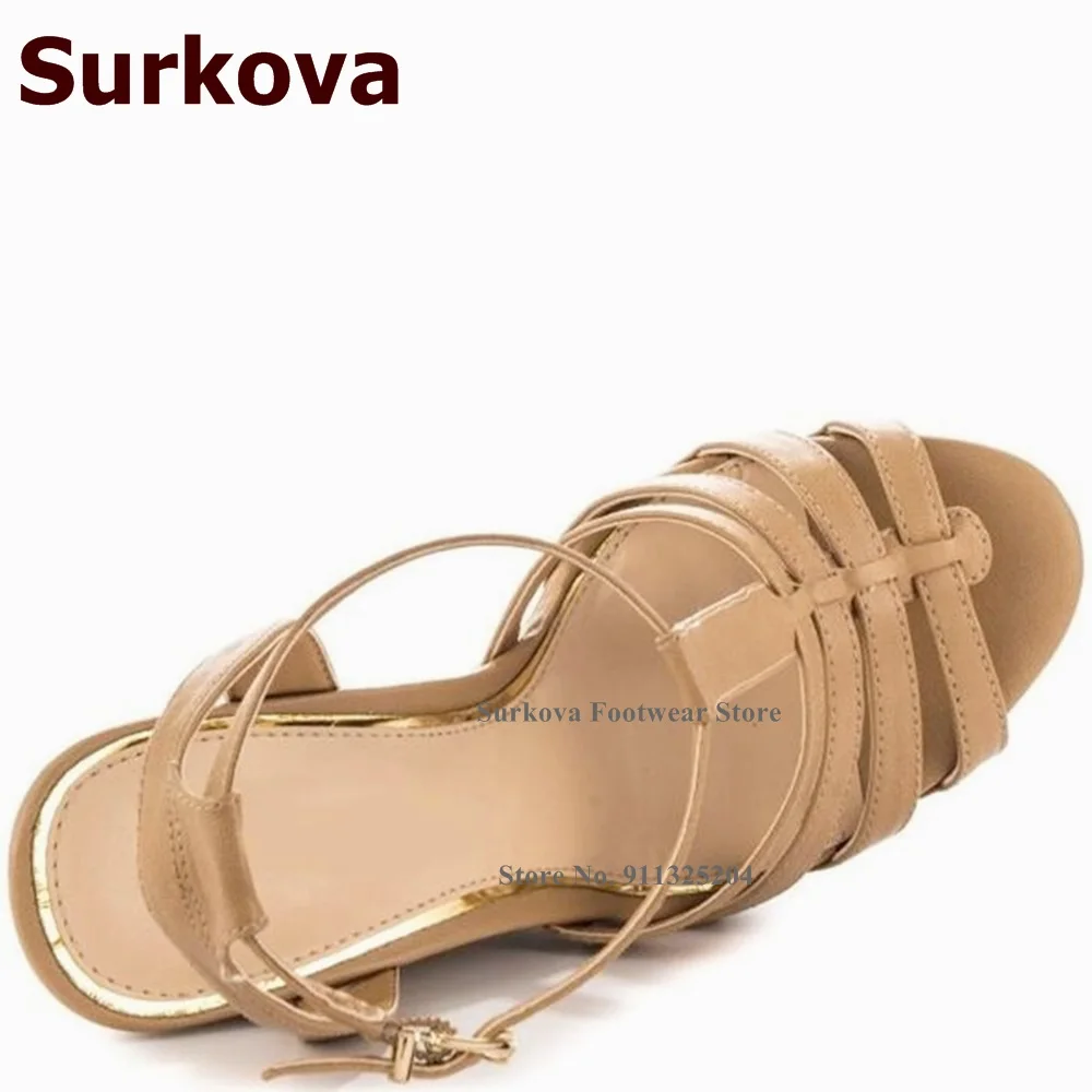 Surkova Rope Plaited Wedge Heel Sandals Platform Nude Matte Leather T-strap Dress Shoes Strappy Buckle Open Toe Nightclub Pumps