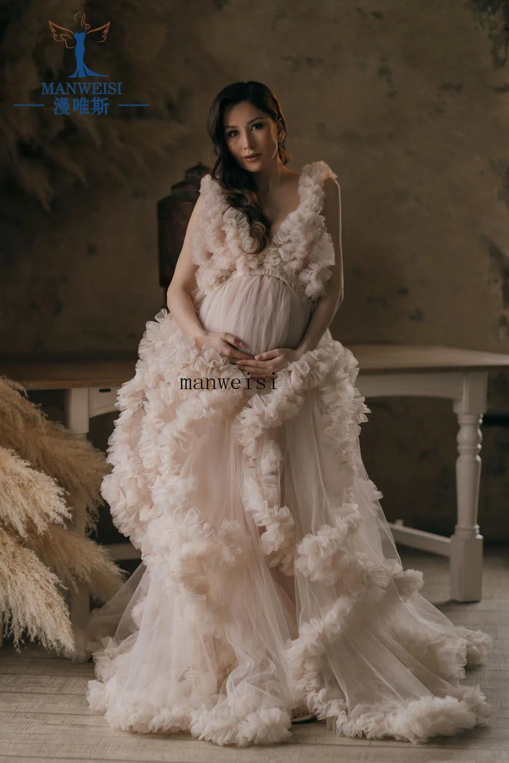 Long Elegant Evening Dress 2022 V-neck Champagne Tulle Maternity Dresses for Photo Shoot Robe Pregnant Women Fomral Gowns