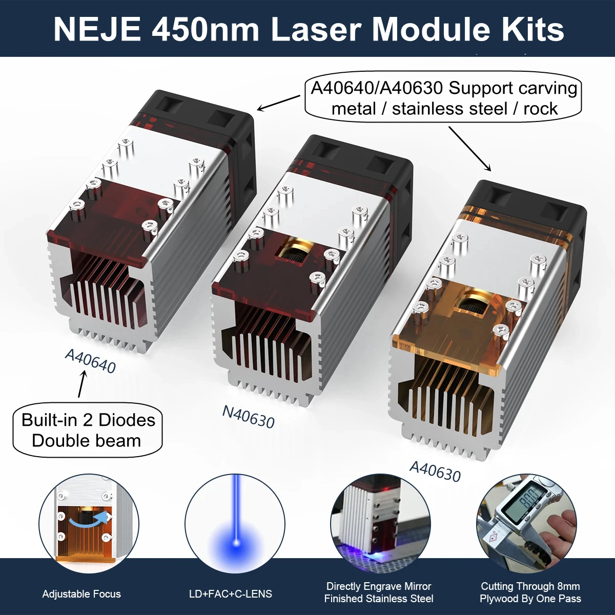 NEJE 40W/50W/80W Laser Module Kit 450nm Double Beam Diodes Blue Light  Laser Head for Metal Engraving Wood Cutting Tool