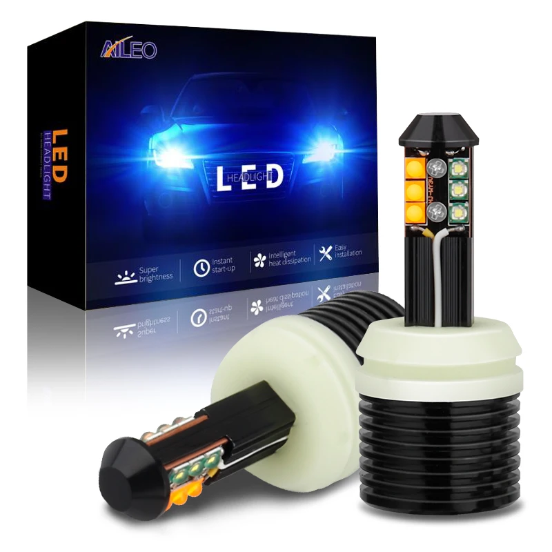 AILEO High Quality Dual Color 1156 7506 BA15S P21W LED Canbus Turn Signal Lights Error Free DRL 8SMD 12V 3000LM 48W White+Yellow