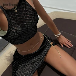 Sexy kobiety jednolity Tank Top spódnica z rozcięciem odzież domowa zestawy lato Hollow Out luźny sweter krótki Top moda zestaw piżam Dropshipping