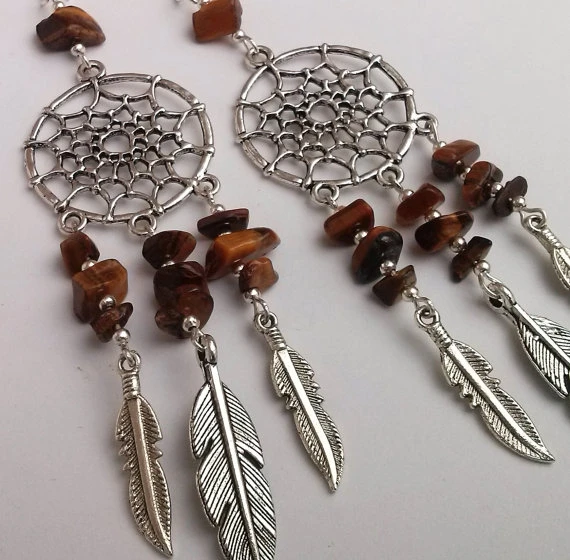 Tigers Eye Dreamcatcher Earrings  Dream Catcher Earrings  Brown Earrings