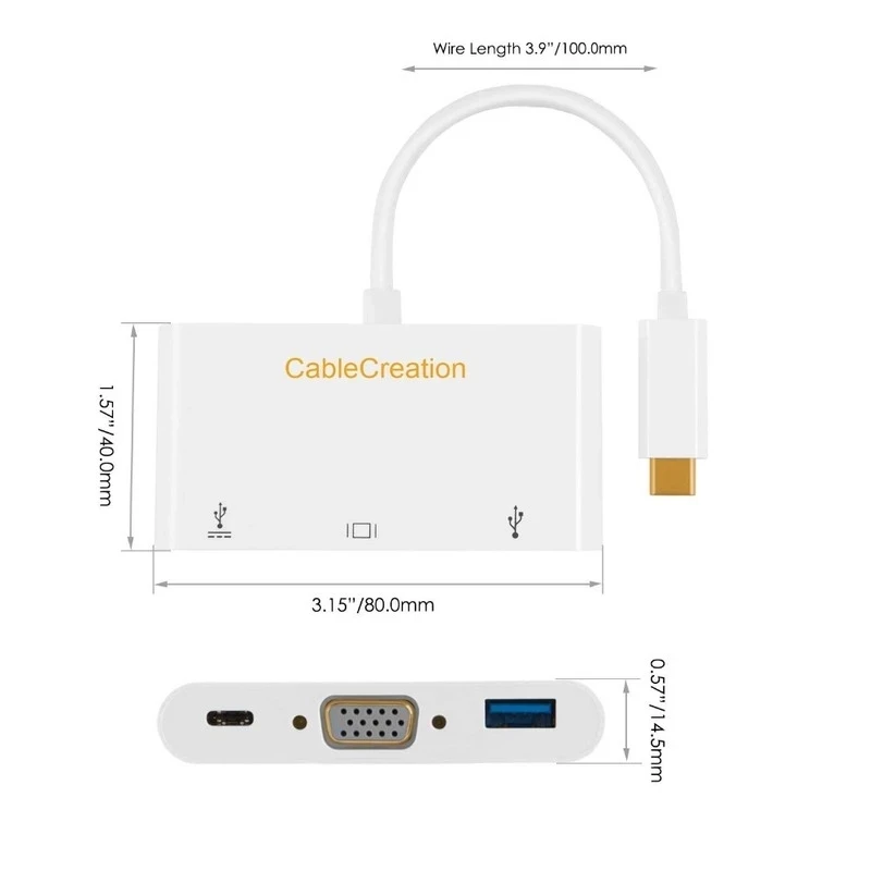 USB-C to VGA Adapter 3-in-1 Type C (Thunderbolt 3 Compatible) to VGA +USB 3.0+USB-C Data Sync Hub, Compatible MacBook Pro