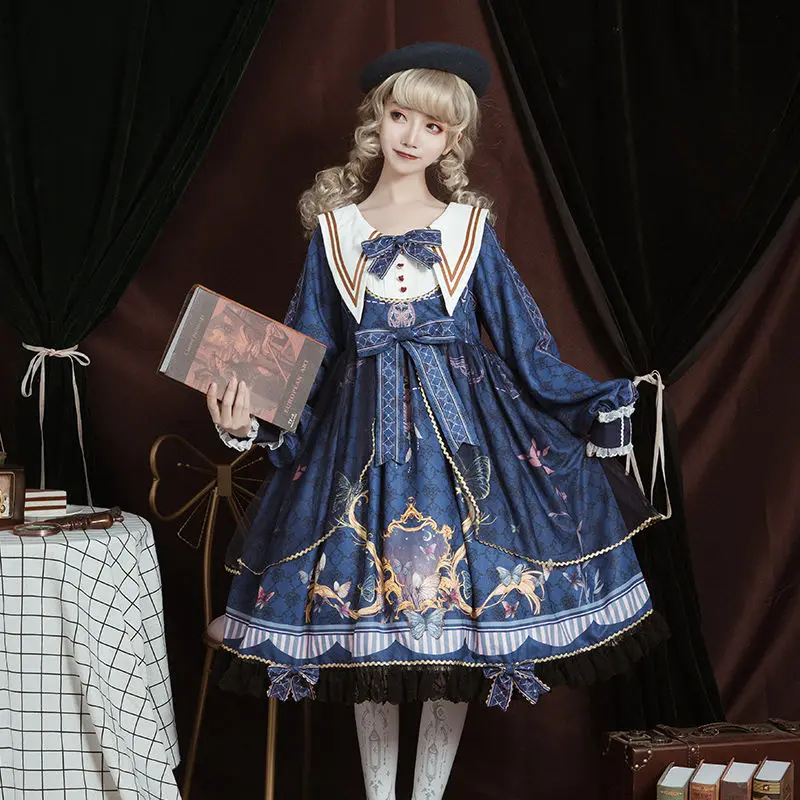 Gothic Sweet Lolita Dress Autumn Elegint Cute Printing Princess OP Dress Bowknot Long Sleeve Ruffles Lace Girly Camisole Dresses