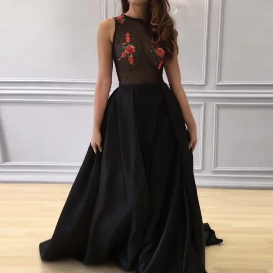 Maßgeschneidertes schwarzes 3D-Blumen-transparentes Oberteil mit Perlen, plissiert, Sweep-Zug, formelles Abendkleid, lange Partykleider, ärmelloses Abendkleid