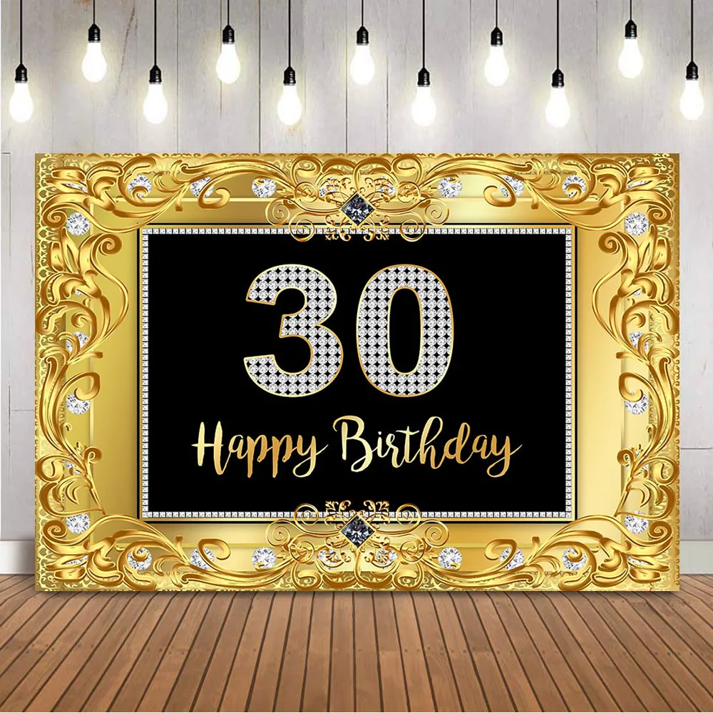 

Gold 30th Birthday Backdrop Shining Diamons Happy Birthday Photo Background Adult Theme Thirty Birthday Party Banner Photocall