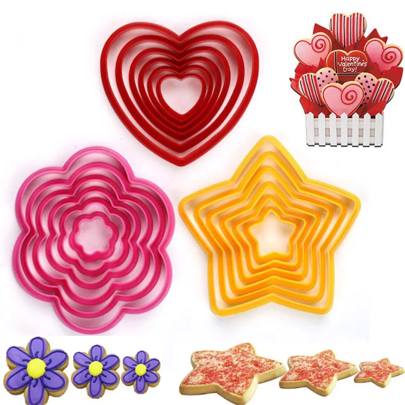 6Pcs Fondant Cake Mold Embosser Geometric Heart Star Flower Cookie Cutter Biscuit Stamp Plunger Embossing Cake Decorating Tools