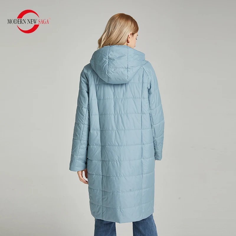 MODERN NEW SAGA Autumn Women Parka Spring Women Coat Cotton Padded Jacket Hooded Long Coat Windproof Zipper Plus Size Outerwear