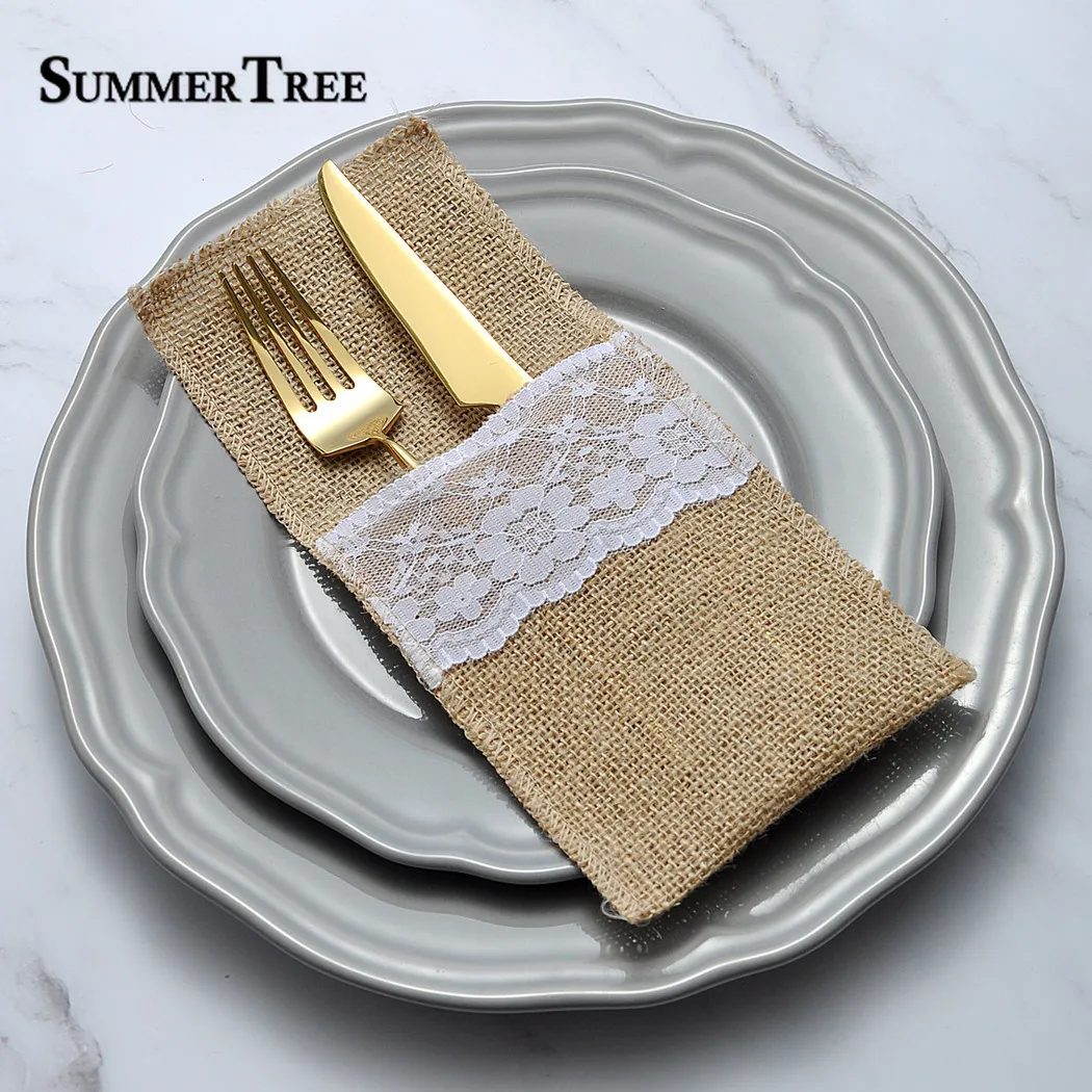 Burlap Lace Cutlery Pouch Wedding Tableware Party Knife Fork Holder Bag Hessian Rustic Jute Accessories Table Decoration