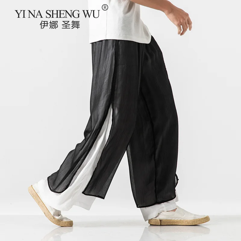 New Men's Casual Double-layered Wide-leg Pants Men Chinese Style Hanfu Cotton Linen Pants Loose Trousers Men Solid Color Pants