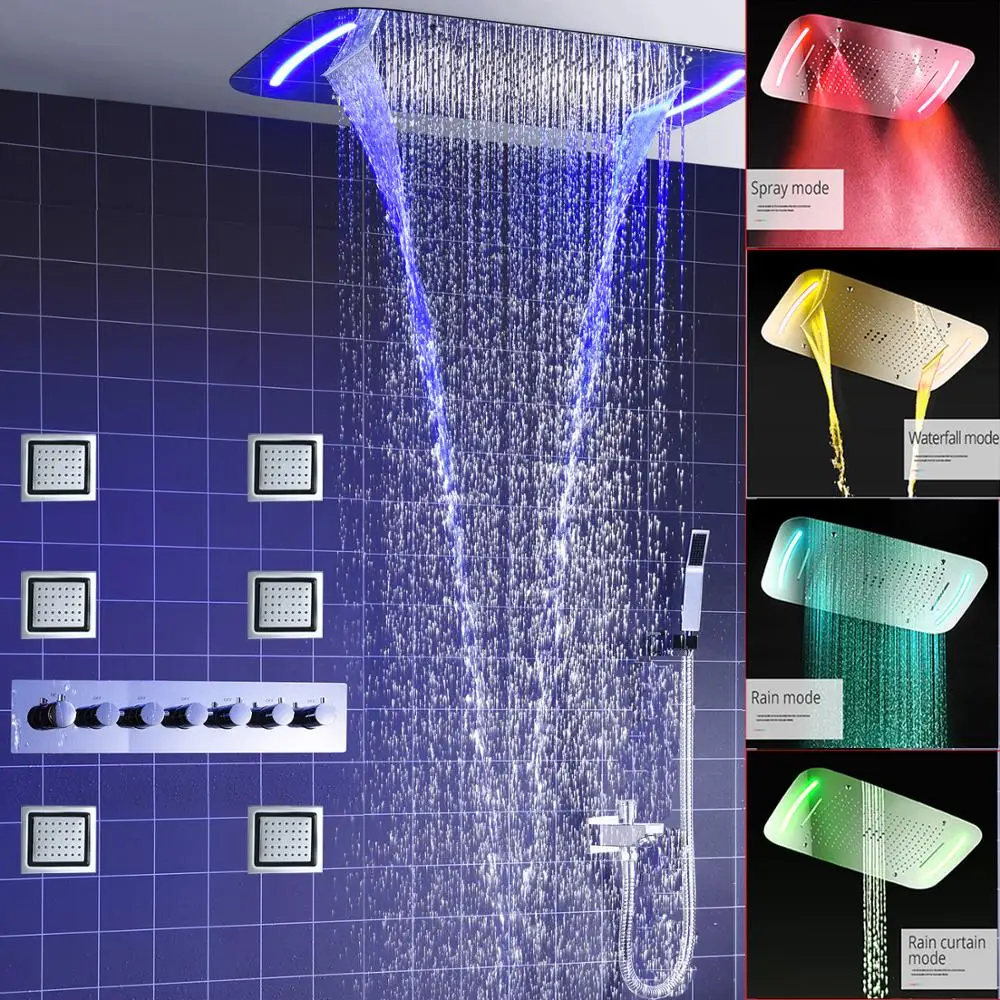 

Europe Style SPA Massage Shower Head Set Multi Function Ceiling Waterfall Rainfall Mist LED Shower Faucet System